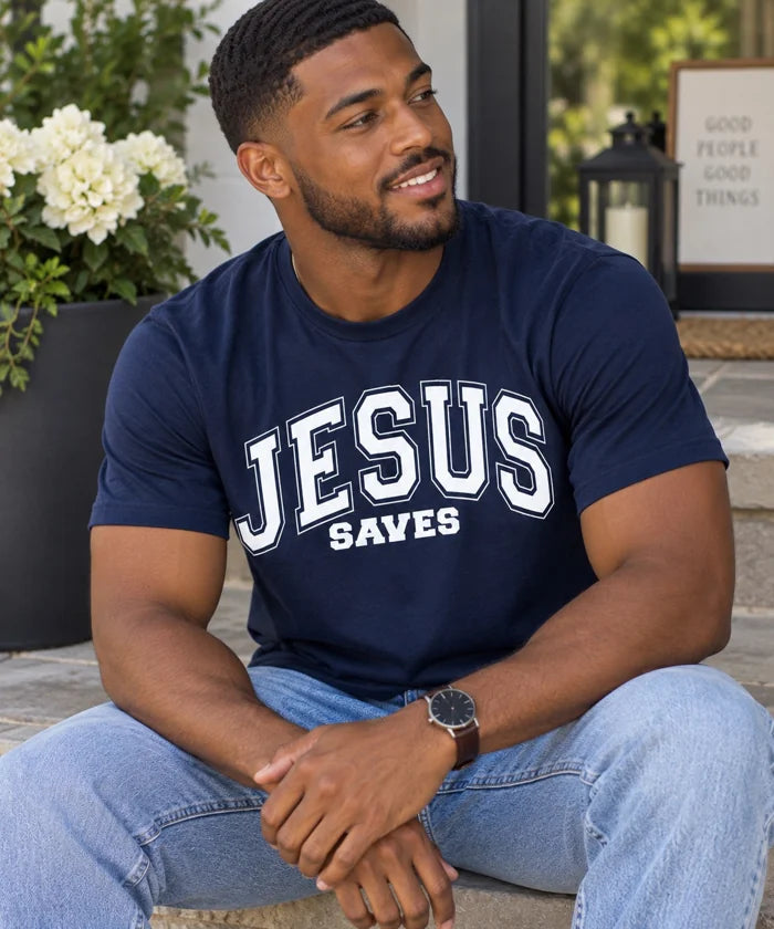 A man wearing the navy Jesus Saves T-shirt.