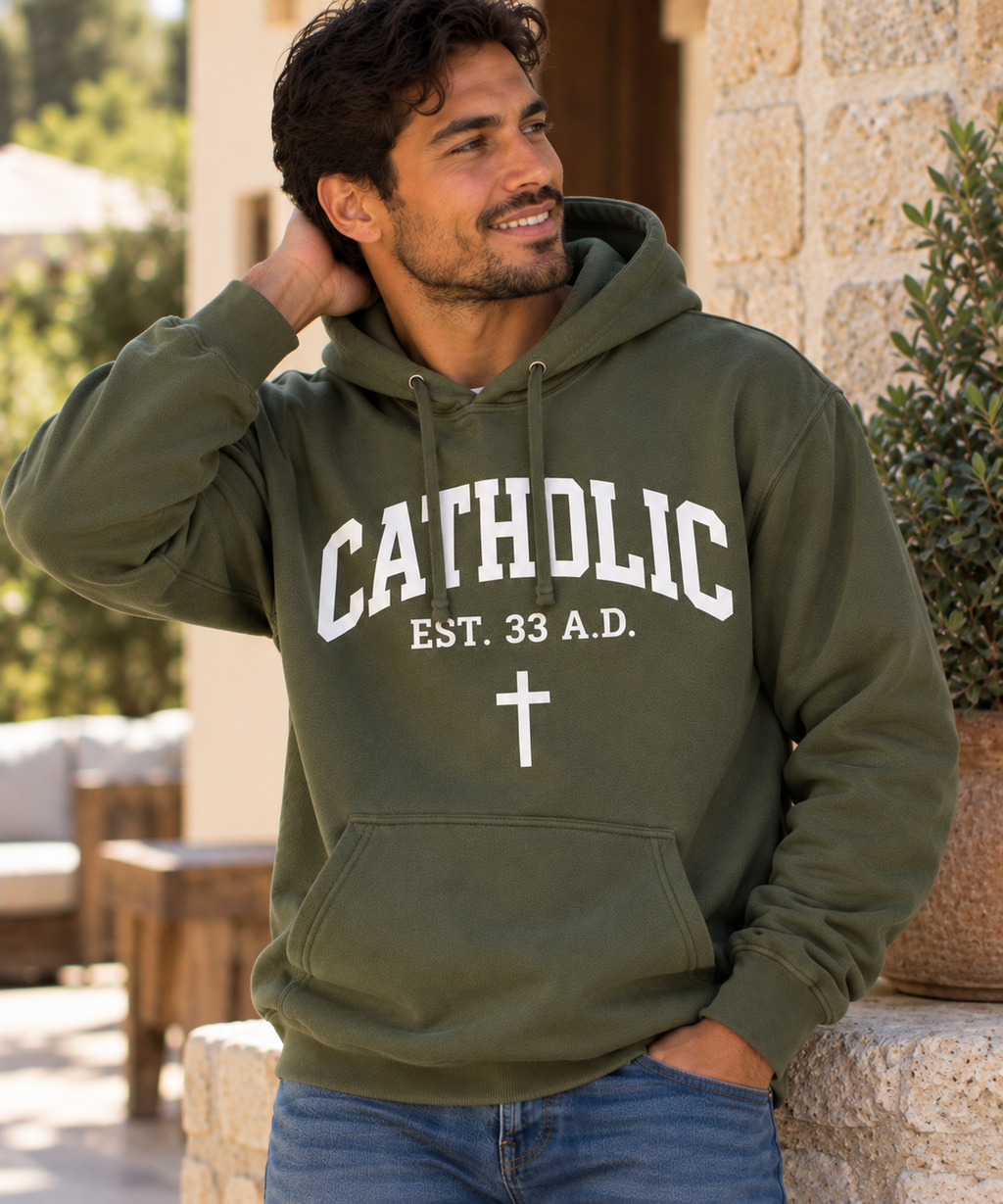 Men’s Catholic Varsity hoodie in military green with white lettering