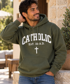 Men’s Catholic Varsity hoodie in military green with white lettering