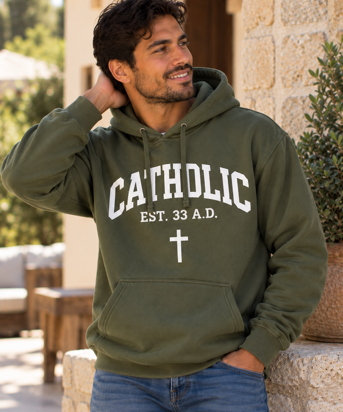 Men’s Catholic Varsity hoodie in military green with white lettering
