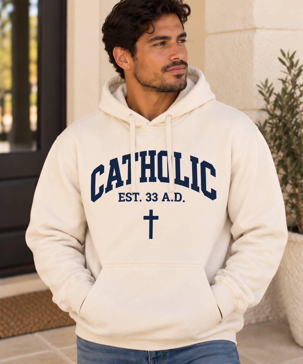 Men’s Catholic Varsity hoodie in natural with navy lettering