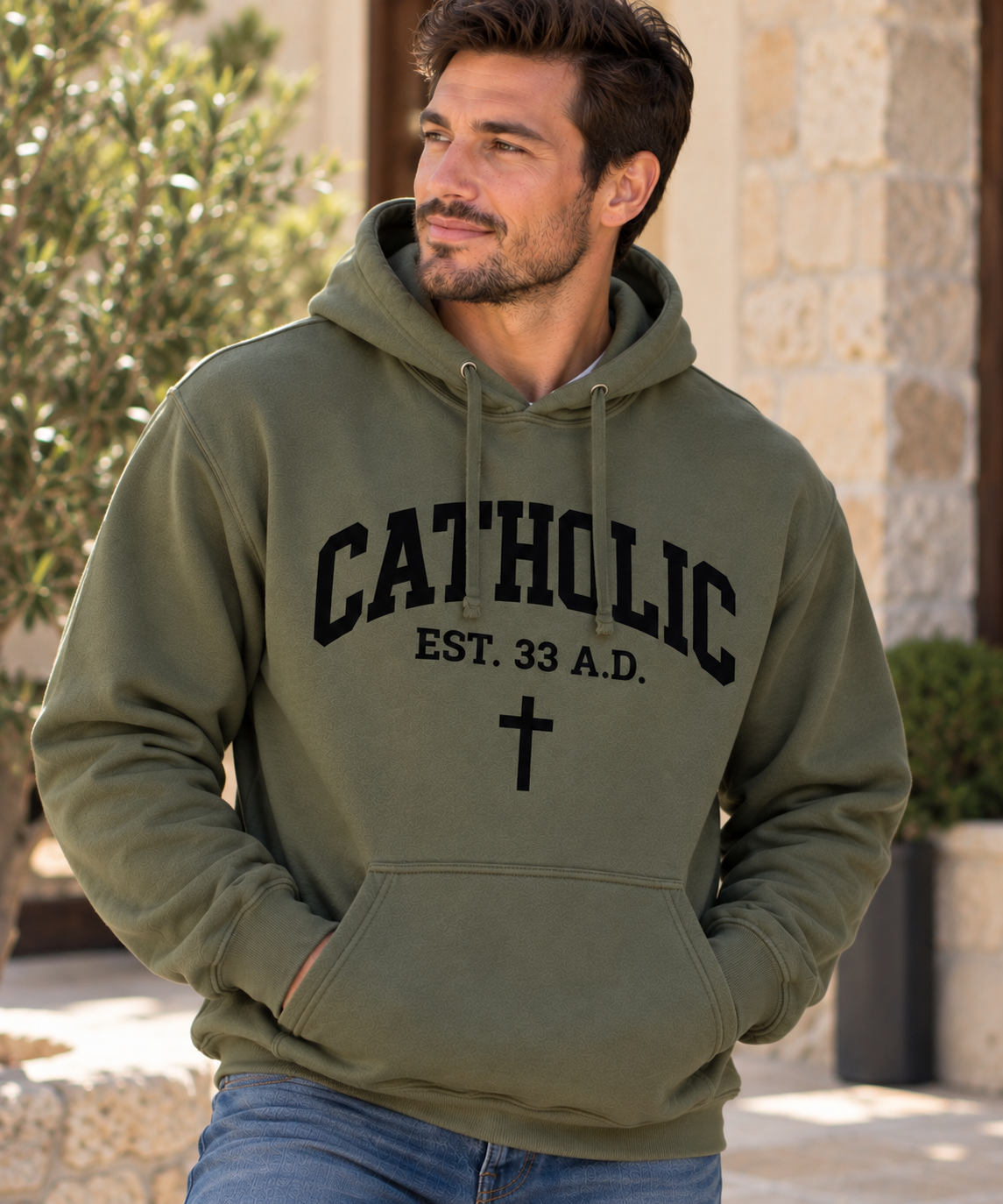 Men’s Catholic Varsity hoodie in military green with black lettering