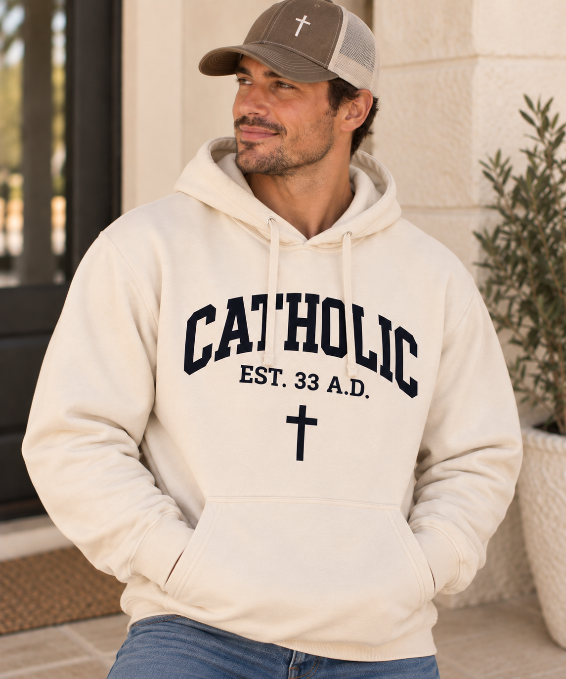 Men’s Catholic Varsity hoodie in natural with black lettering