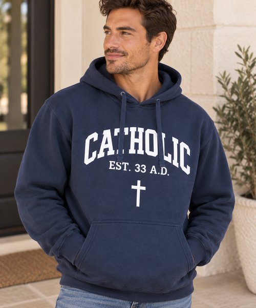 Men’s Catholic Varsity hoodie in navy with white lettering