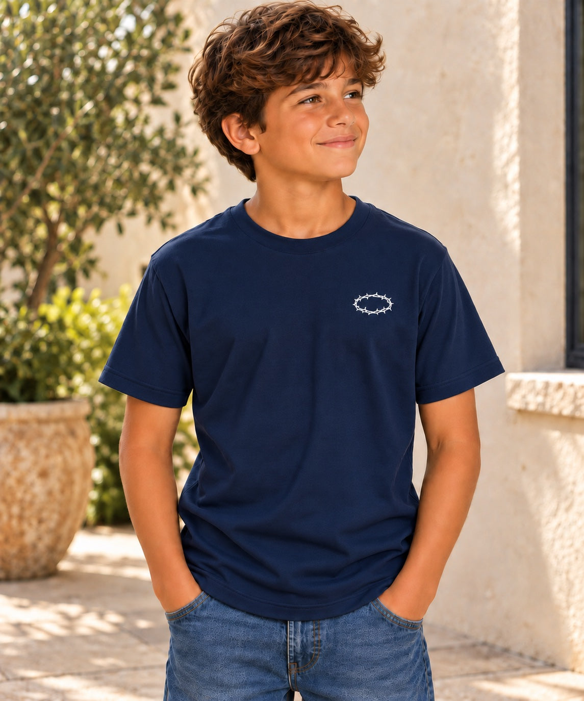 King of Kings T-Shirt for Youth Boys: Navy shirt with white design, front