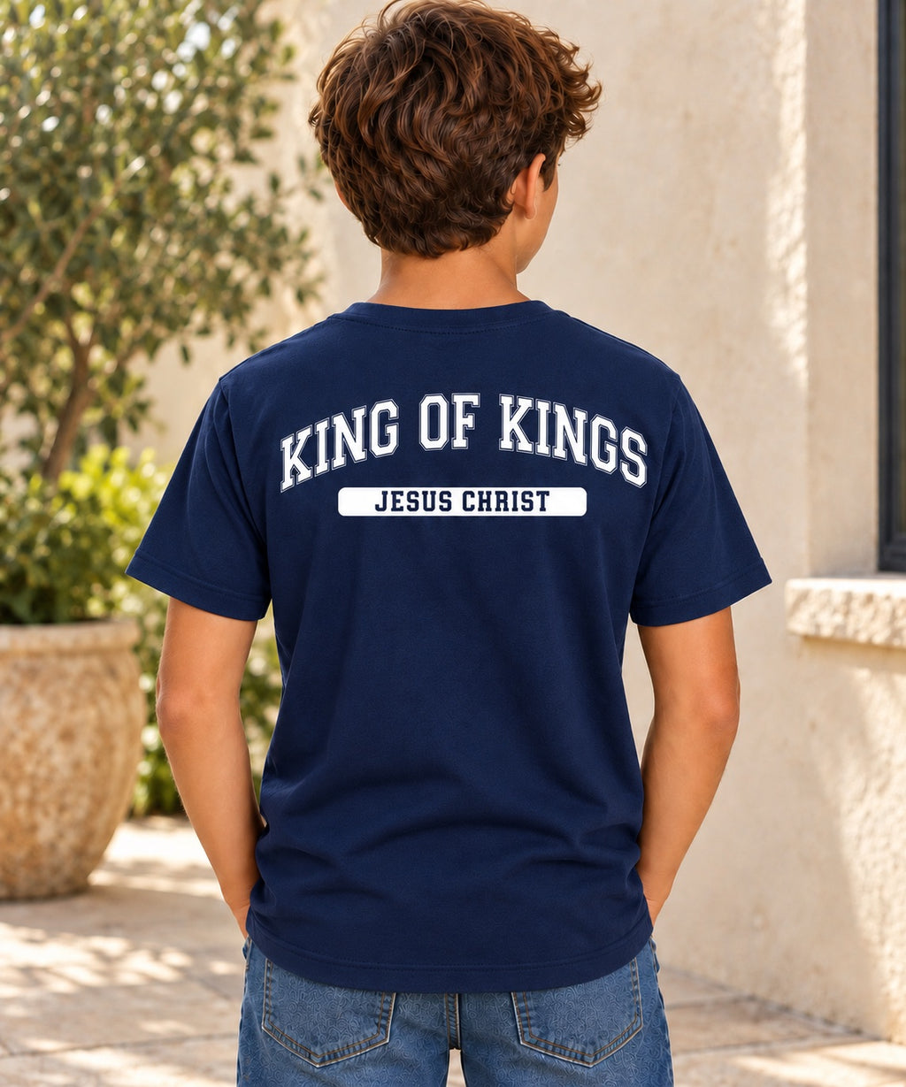 King of Kings T-Shirt for Youth Boys: Navy shirt with white design, back
