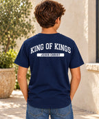 King of Kings T-Shirt for Youth Boys: Navy shirt with white design, back