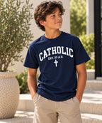 Catholic Varsity T-Shirt for Youth Boys: Navy shirt with white lettering