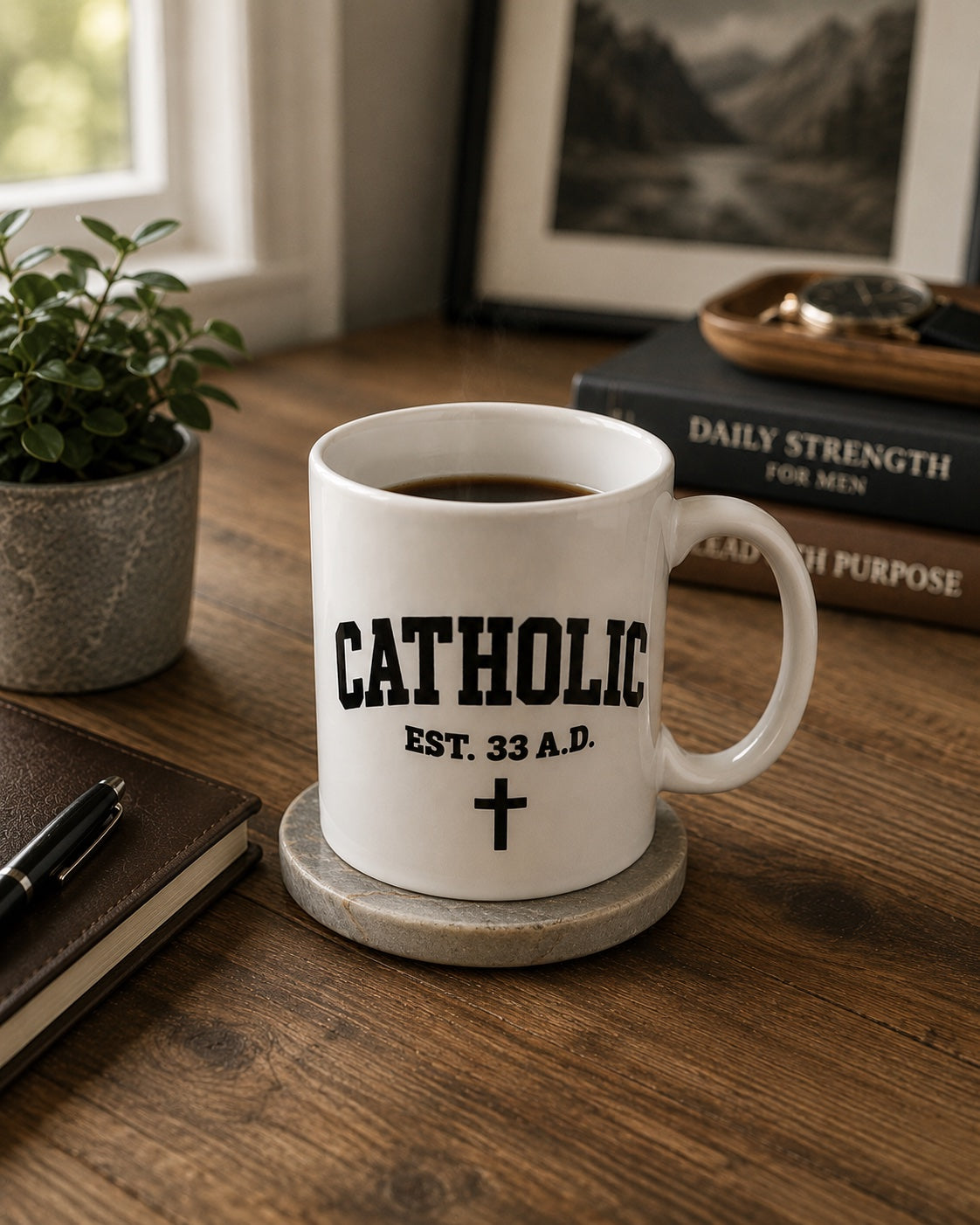 White Catholic Varsity Mug with black collegiate lettering, staged front view