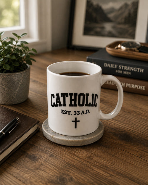 White Catholic Varsity Mug with black collegiate lettering, staged front view