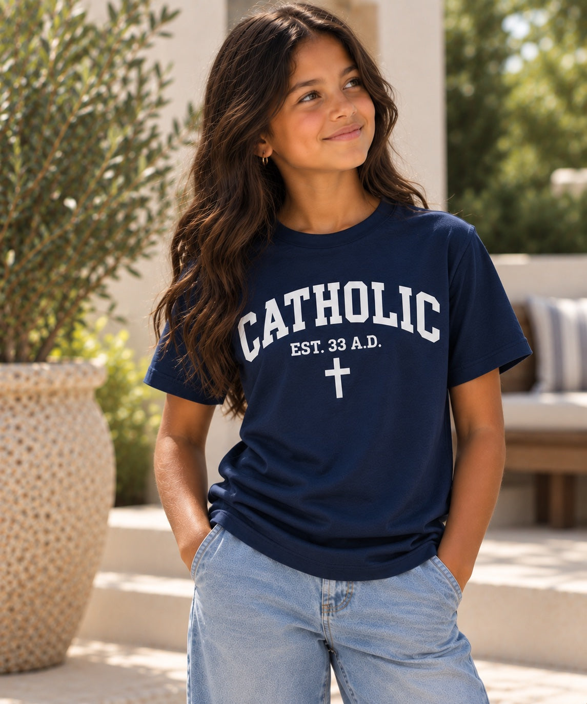 Catholic Varsity T-Shirt for Youth Girls: Navy shirt with white lettering
