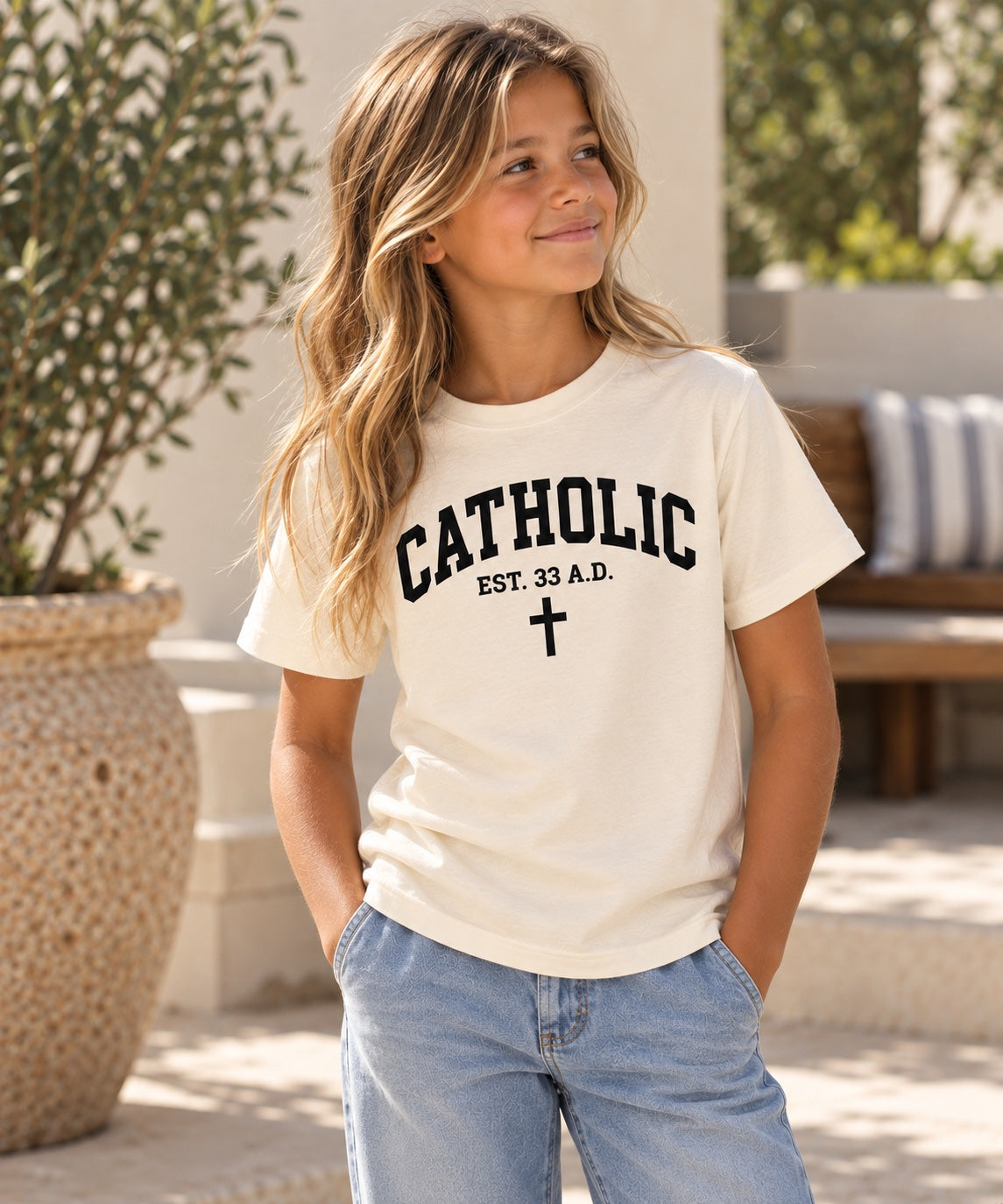 Catholic Varsity T-Shirt for Youth Girls: Natural shirt with black lettering