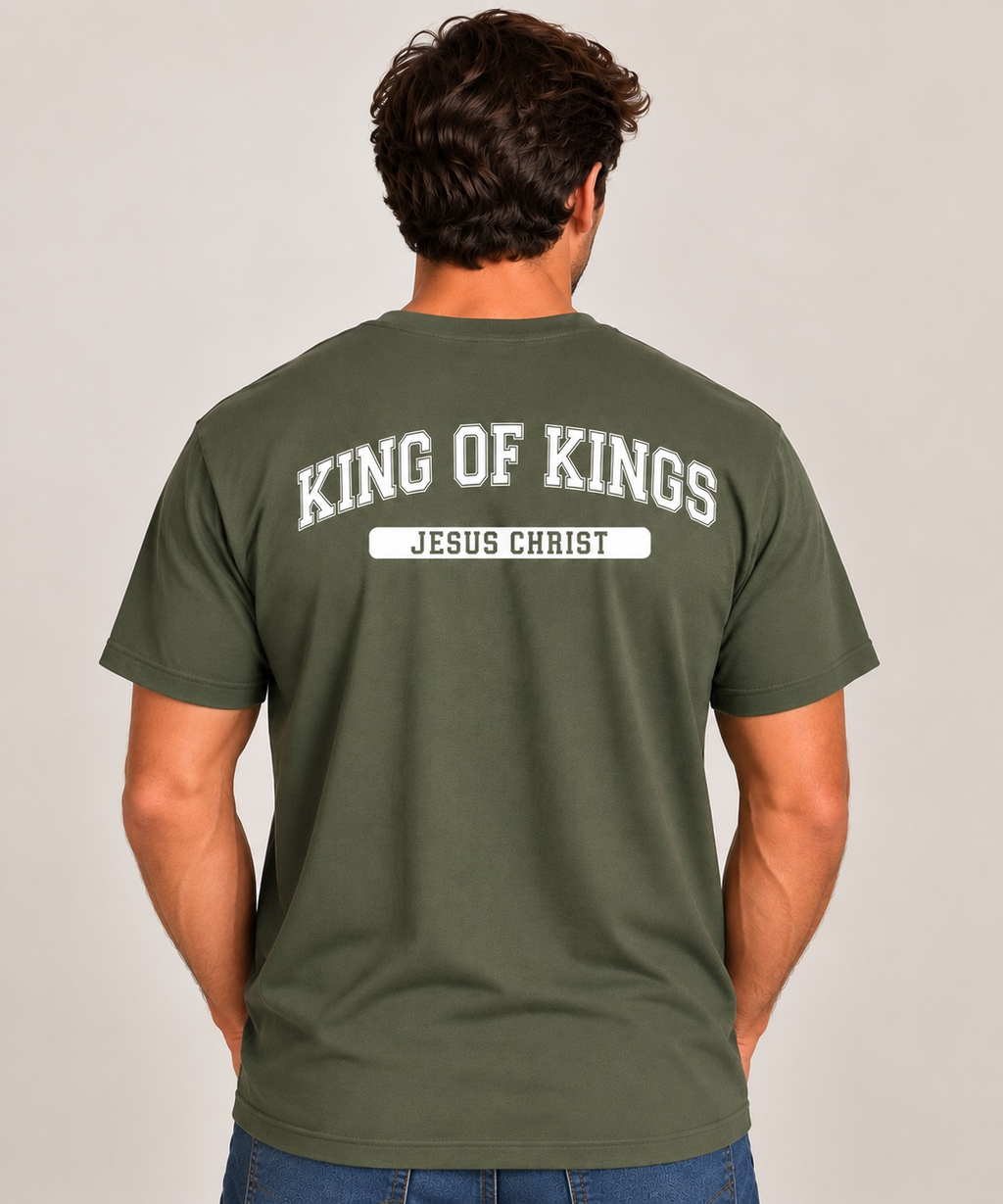 King of Kings T-Shirt for Men — Military Green / White — back view
