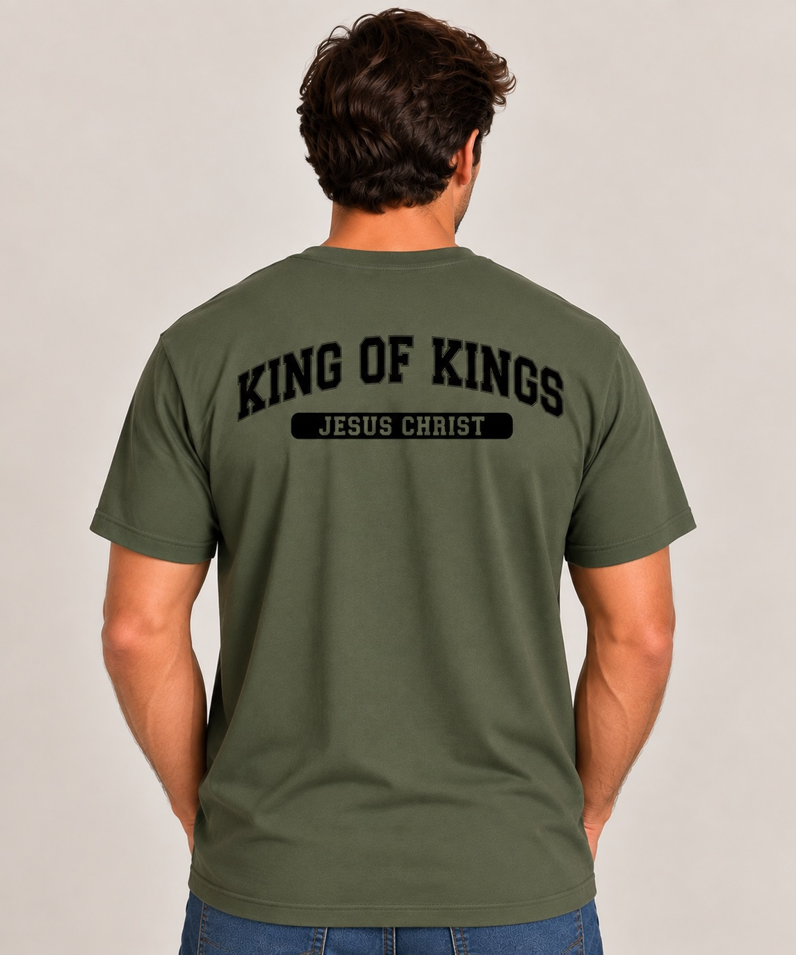 King of Kings T-Shirt for Men — Military Green / Black — back view