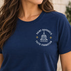 Close-up of the women’s Saint Raphael’s Faith Formation Parish design on the navy T-shirt
