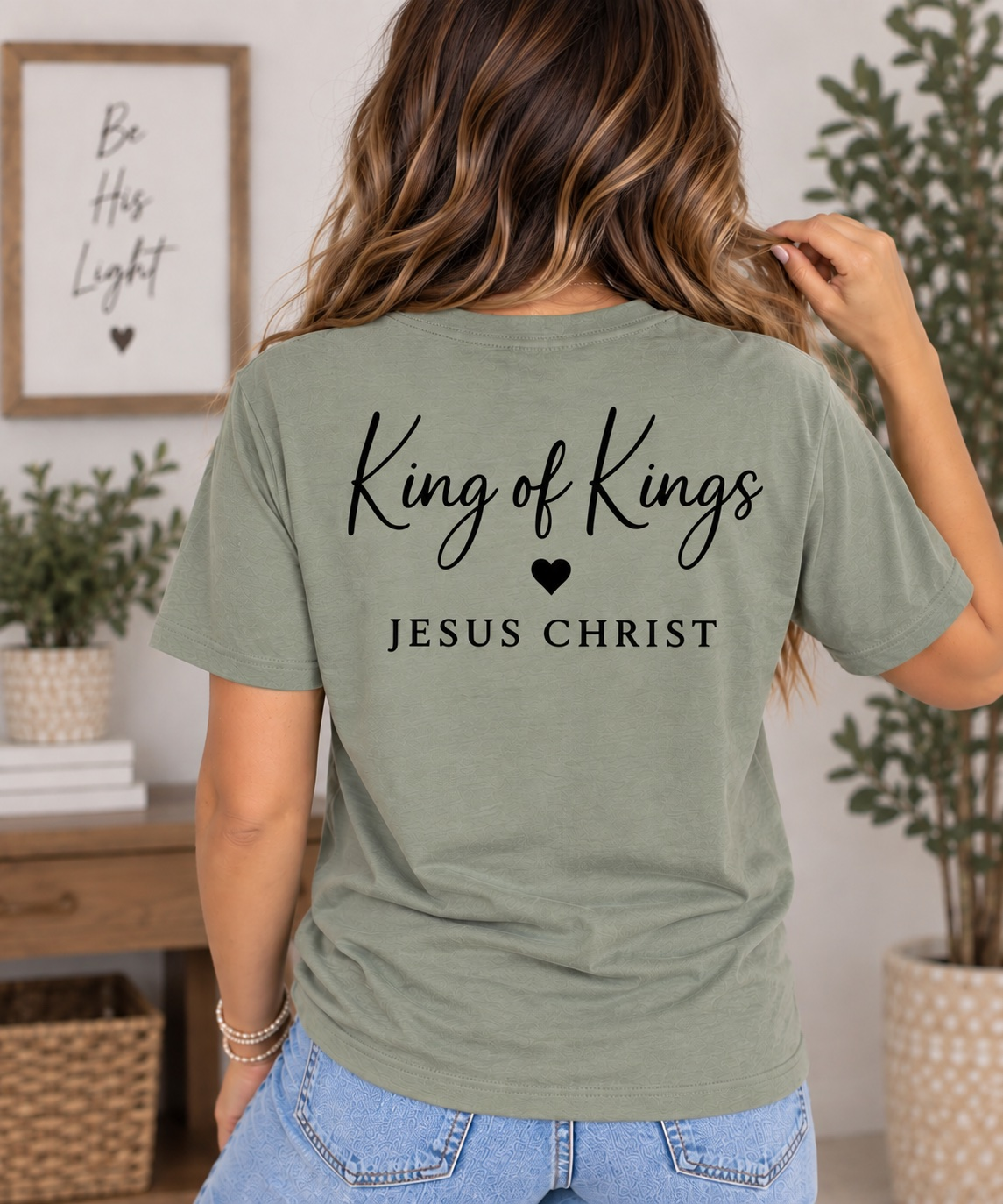 Women's King of Kings T-Shirt — Sage / Black — back view