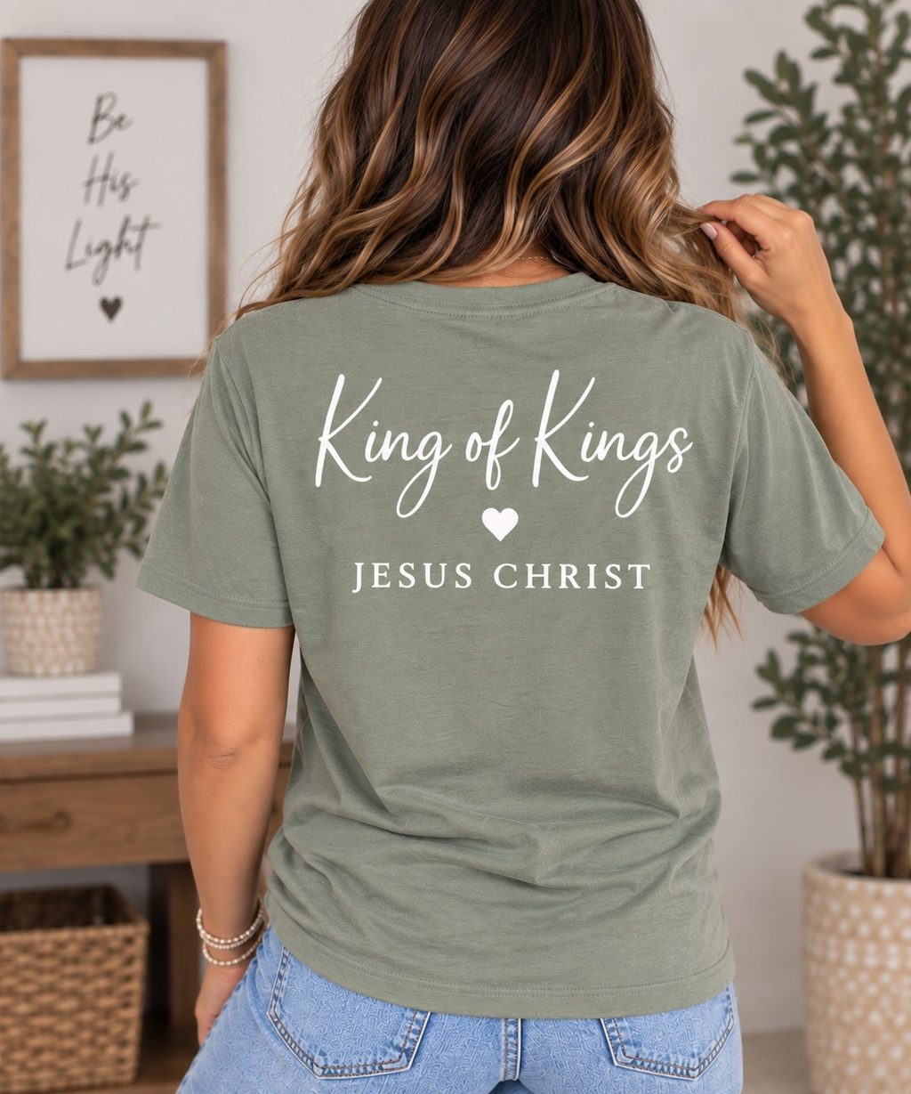Women's King of Kings T-Shirt — Sage / White — back view