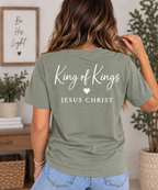 Women's King of Kings T-Shirt — Sage / White — back view