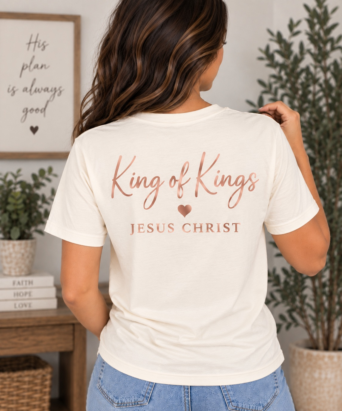 Women's King of Kings T-Shirt — Natural / Rose Gold — back view