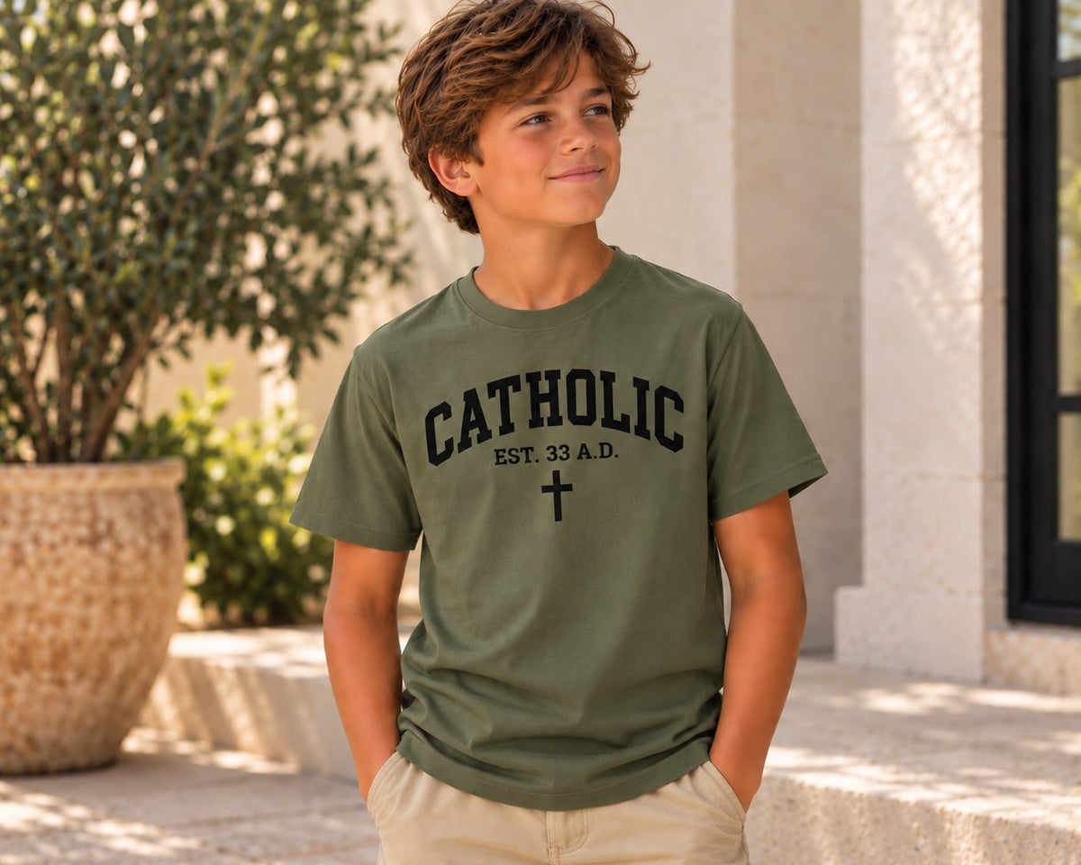 Catholic Varsity T-Shirt for Youth Boys — military green black front