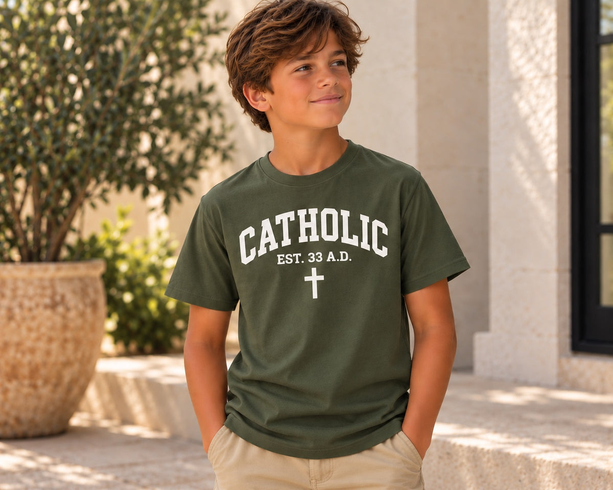 Catholic Varsity T-Shirt for Youth Boys — military green white front