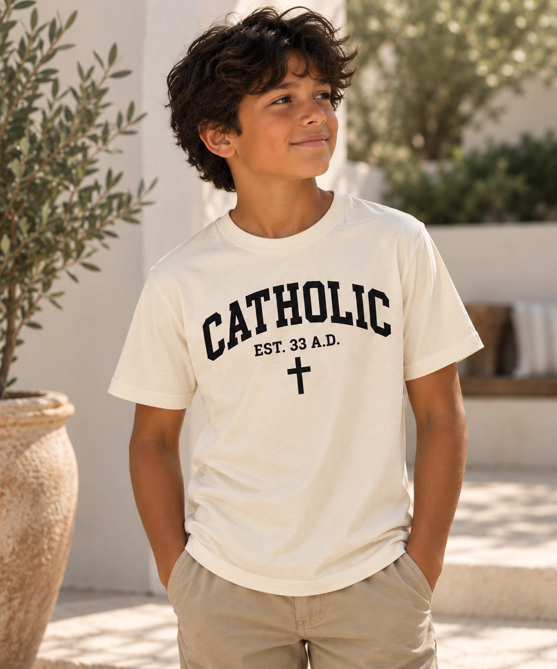 Catholic Varsity T-Shirt for Youth Boys — natural black front