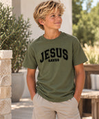 Jesus Saves T-Shirt for Youth Boys — military green black front