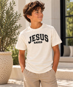 Jesus Saves T-Shirt for Youth Boys — natural black front
