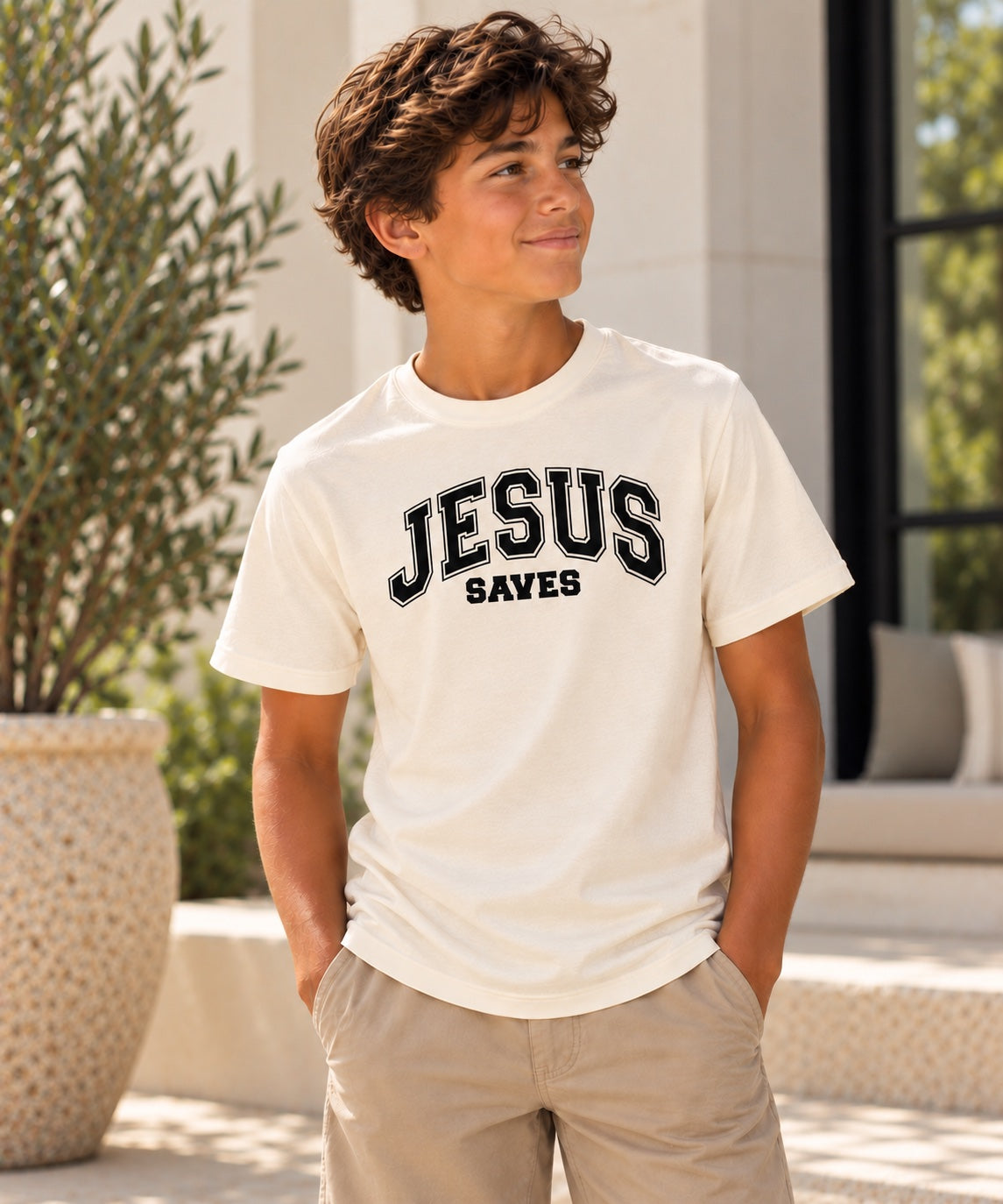Jesus Saves T-Shirt for Youth Boys — natural black front