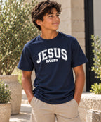 Jesus Saves T-Shirt for Youth Boys — navy white front
