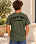 King of Kings T-Shirt for Youth Boys — military green black back