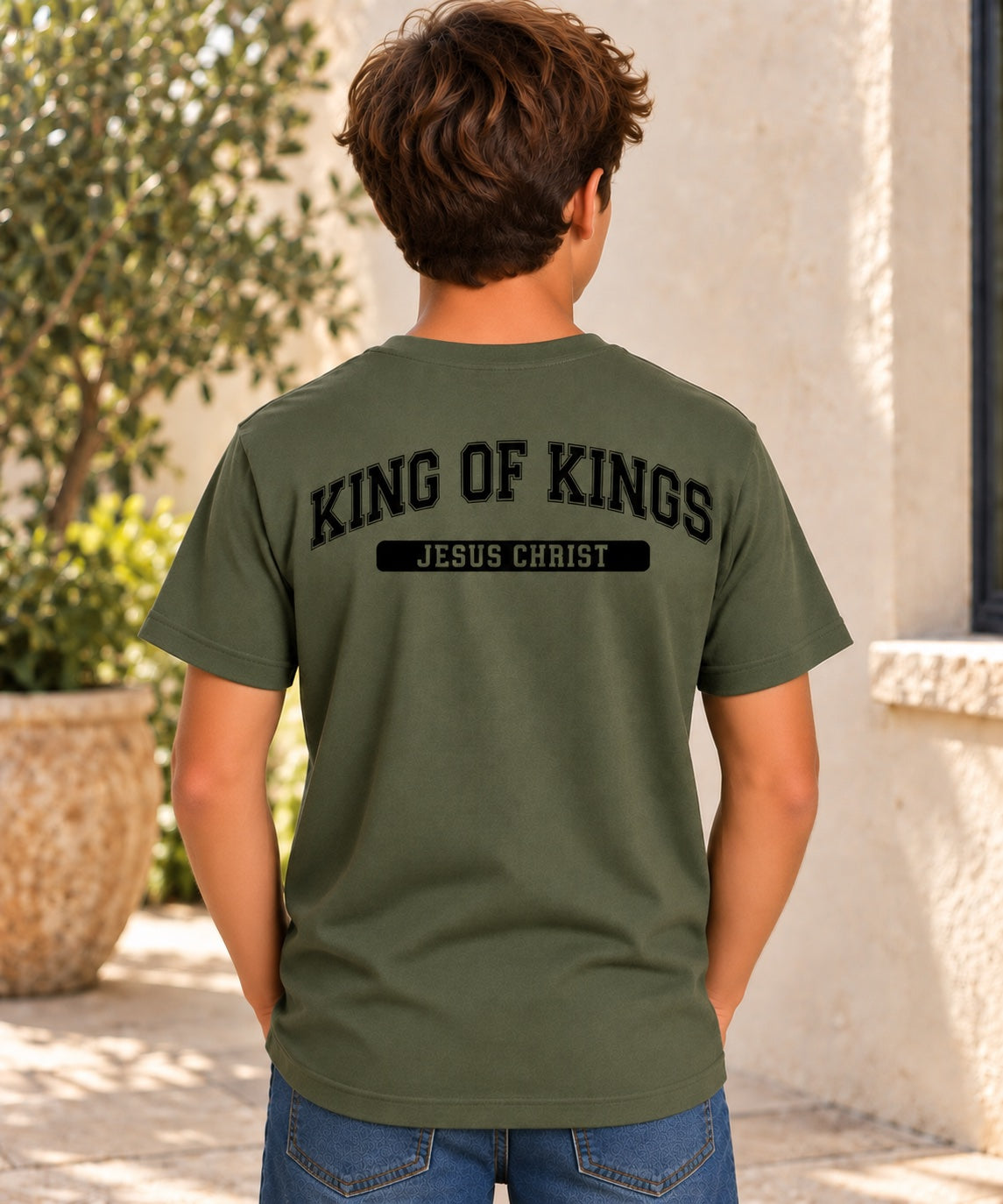 King of Kings T-Shirt for Youth Boys — military green black back