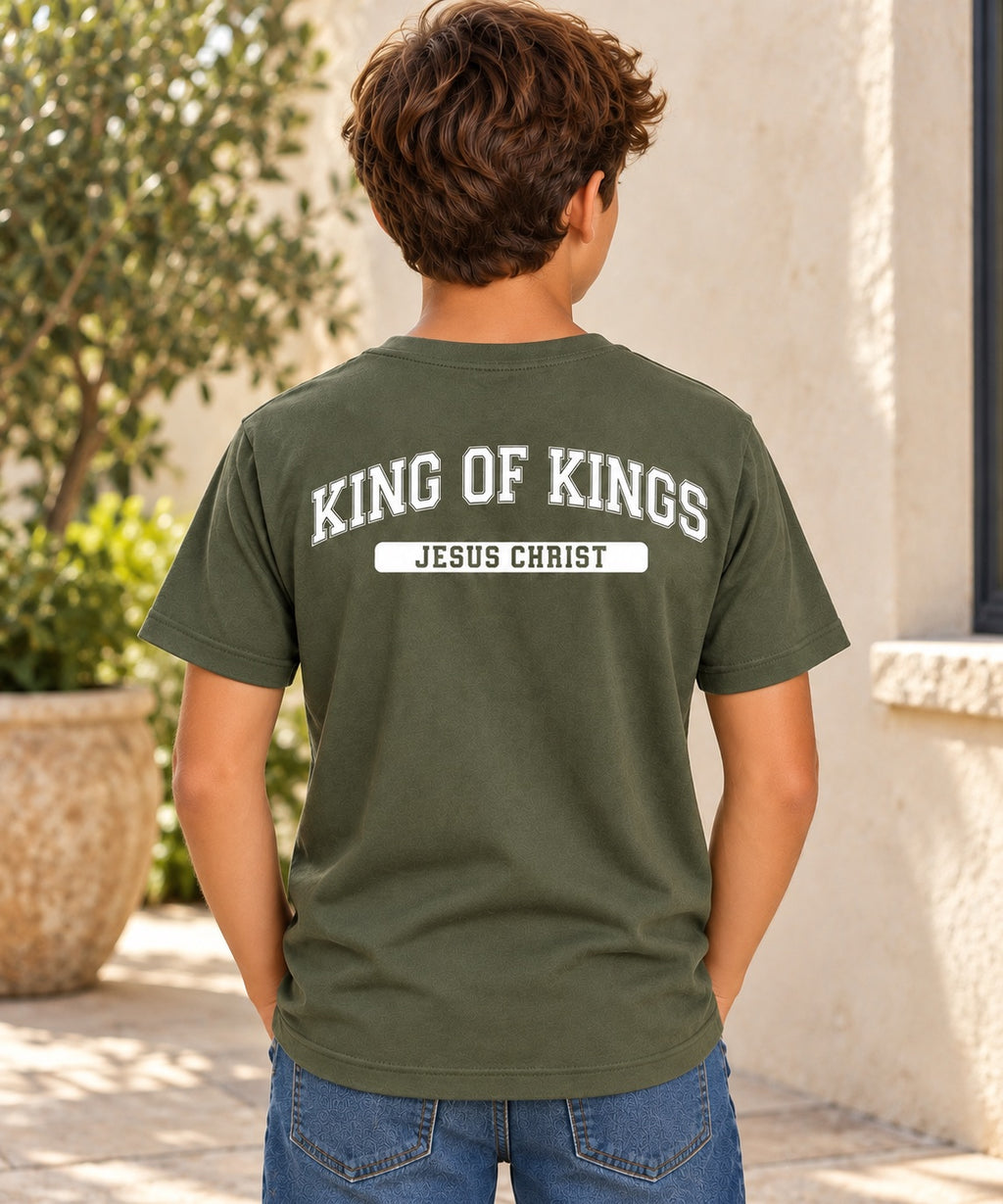 King of Kings T-Shirt for Youth Boys — military green white back