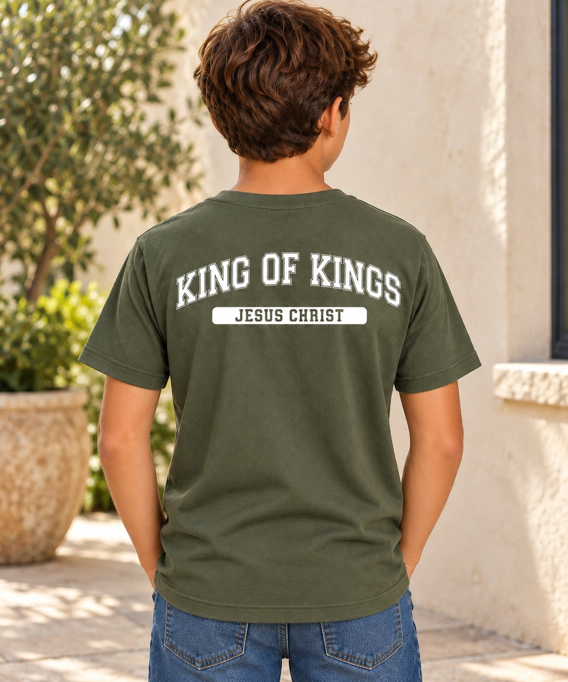 King of Kings T-Shirt for Youth Boys — military green white back
