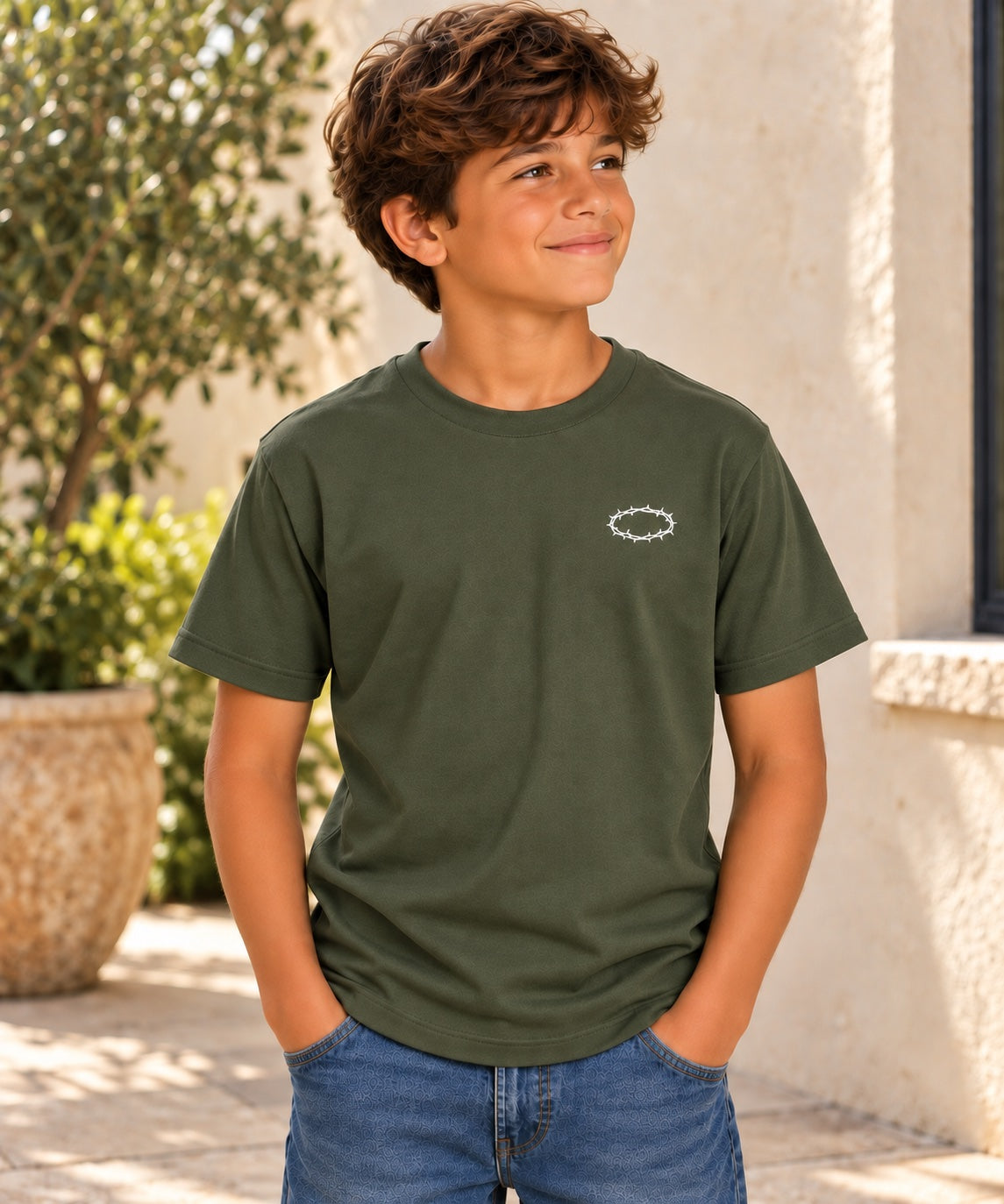 King of Kings T-Shirt for Youth Boys — military green white front