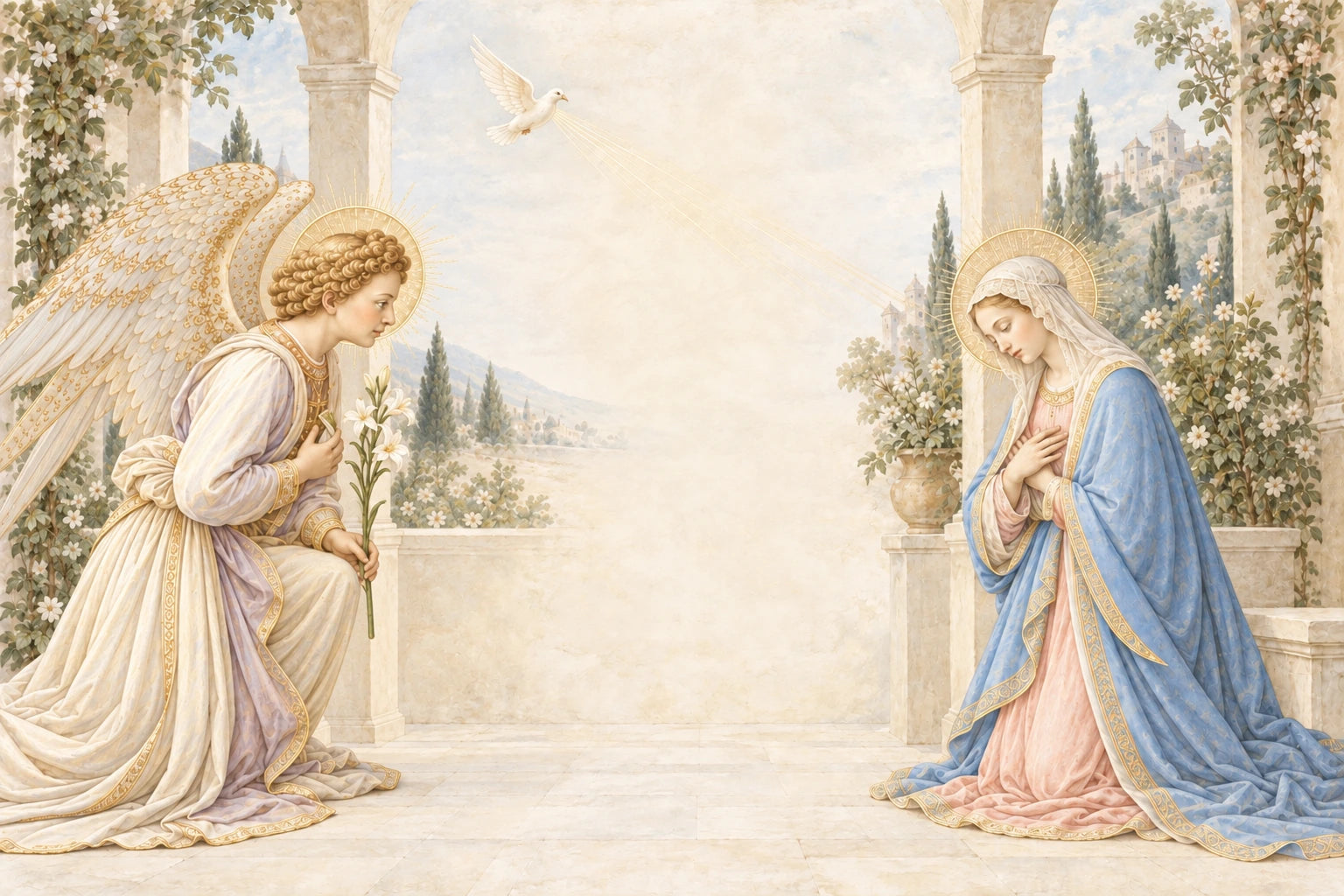An illustrated Annunciation: Gabriel with ivory wings and white lilies kneels before Mary in a pale blue mantle, in a sunlit garden courtyard.