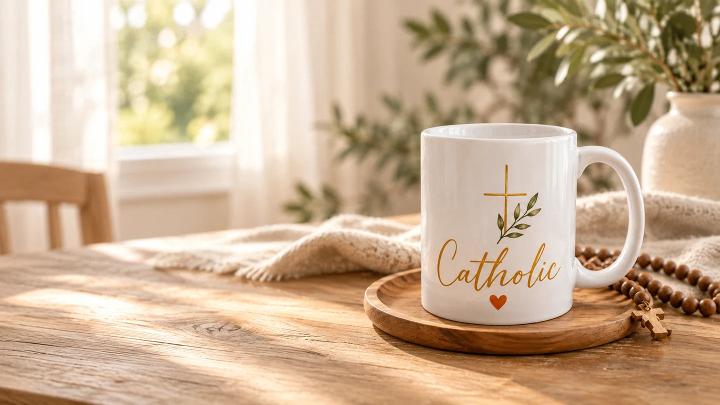 The Catholic Heart Mug beside a wooden rosary on a sunlit table.