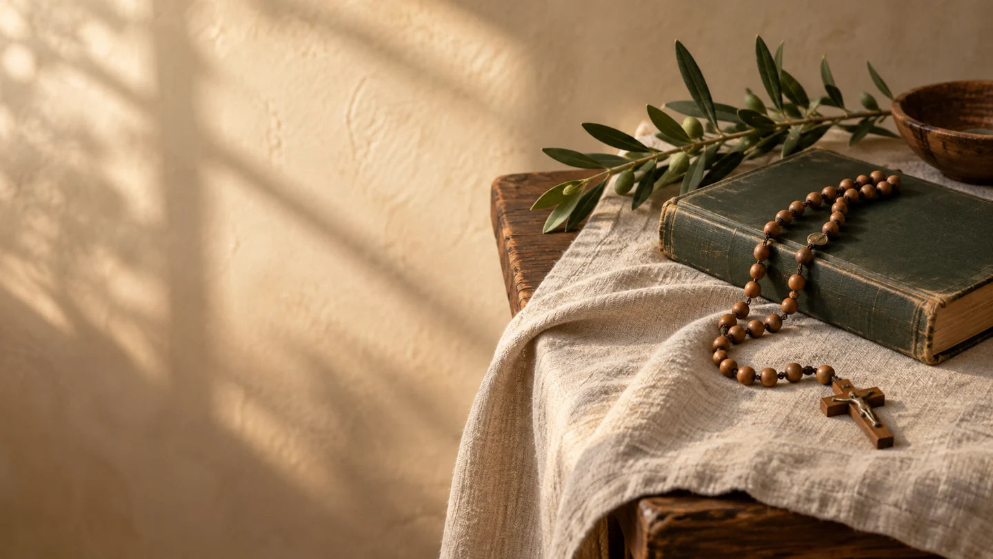 A wooden rosary resting on a book beside linen and olive branches in warm sunlight