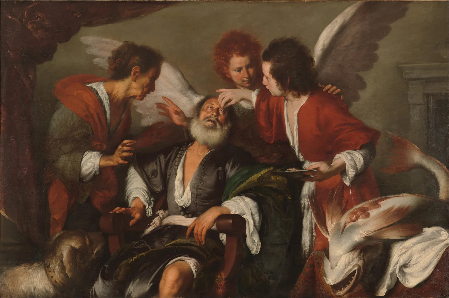 Tobias tends his seated father Tobit’s eye as the winged St. Raphael guides him and a woman watches, in Bernardo Strozzi’s painting.
