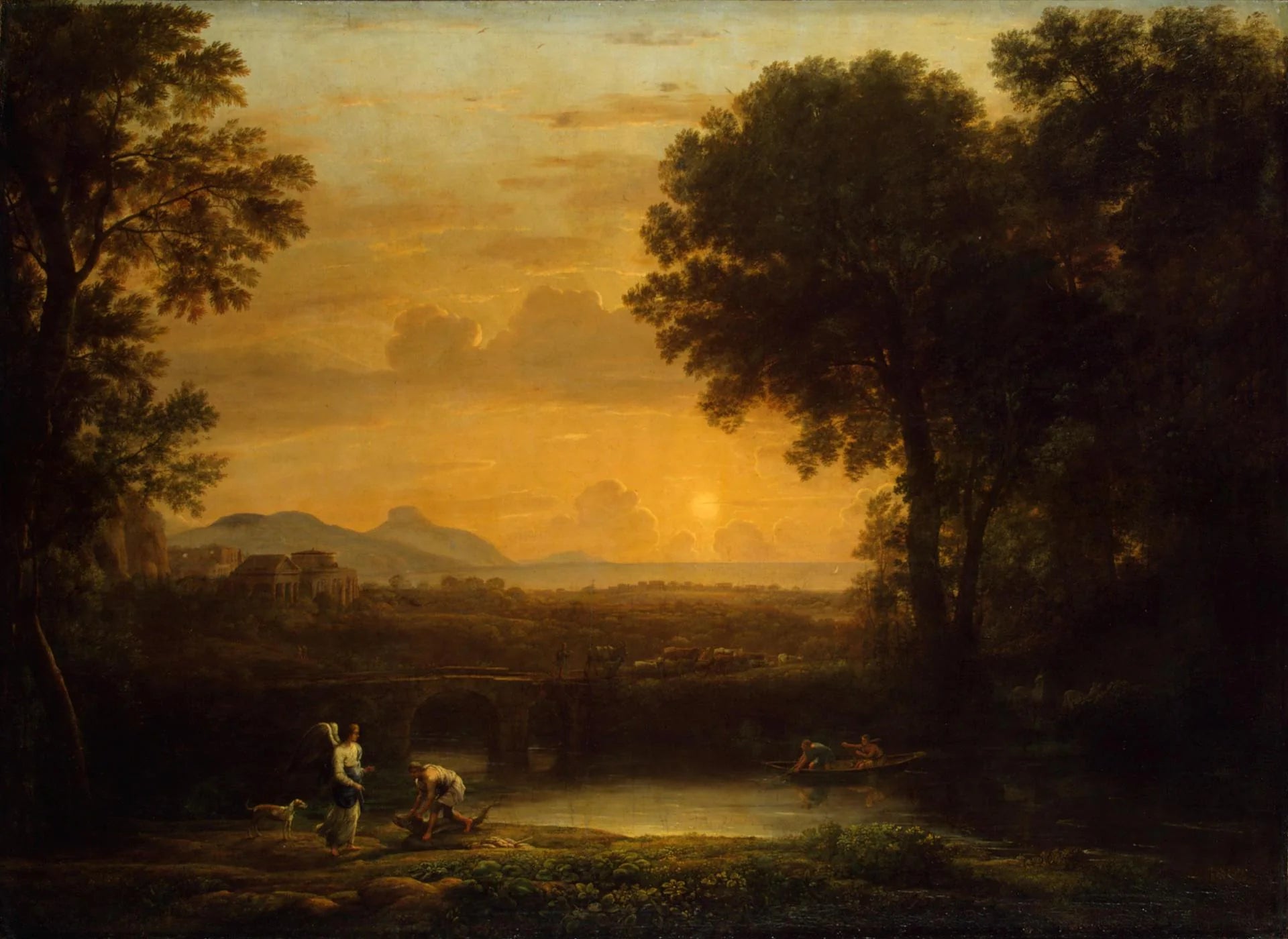 Raphael and Tobias traveling through a wooded landscape in a historical painting.