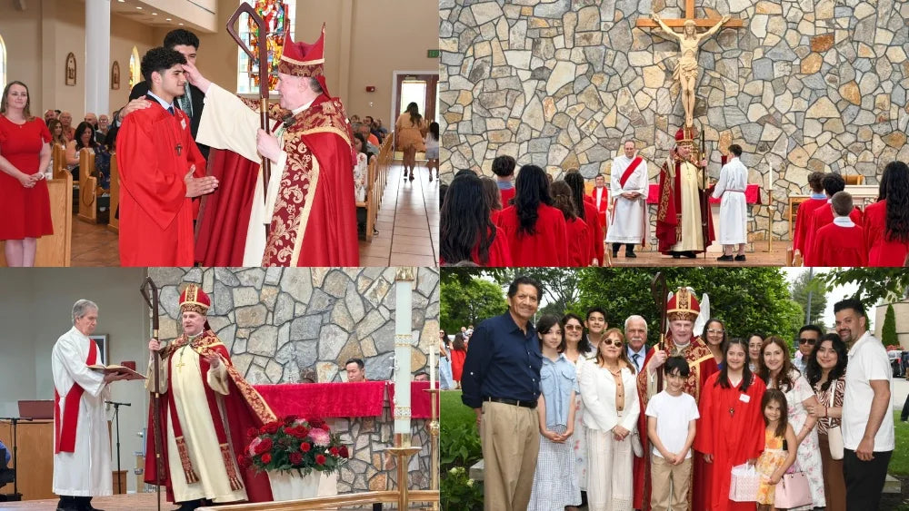 Confirmation liturgy inside St. Raphael Church, with candidates facing the sanctuary.